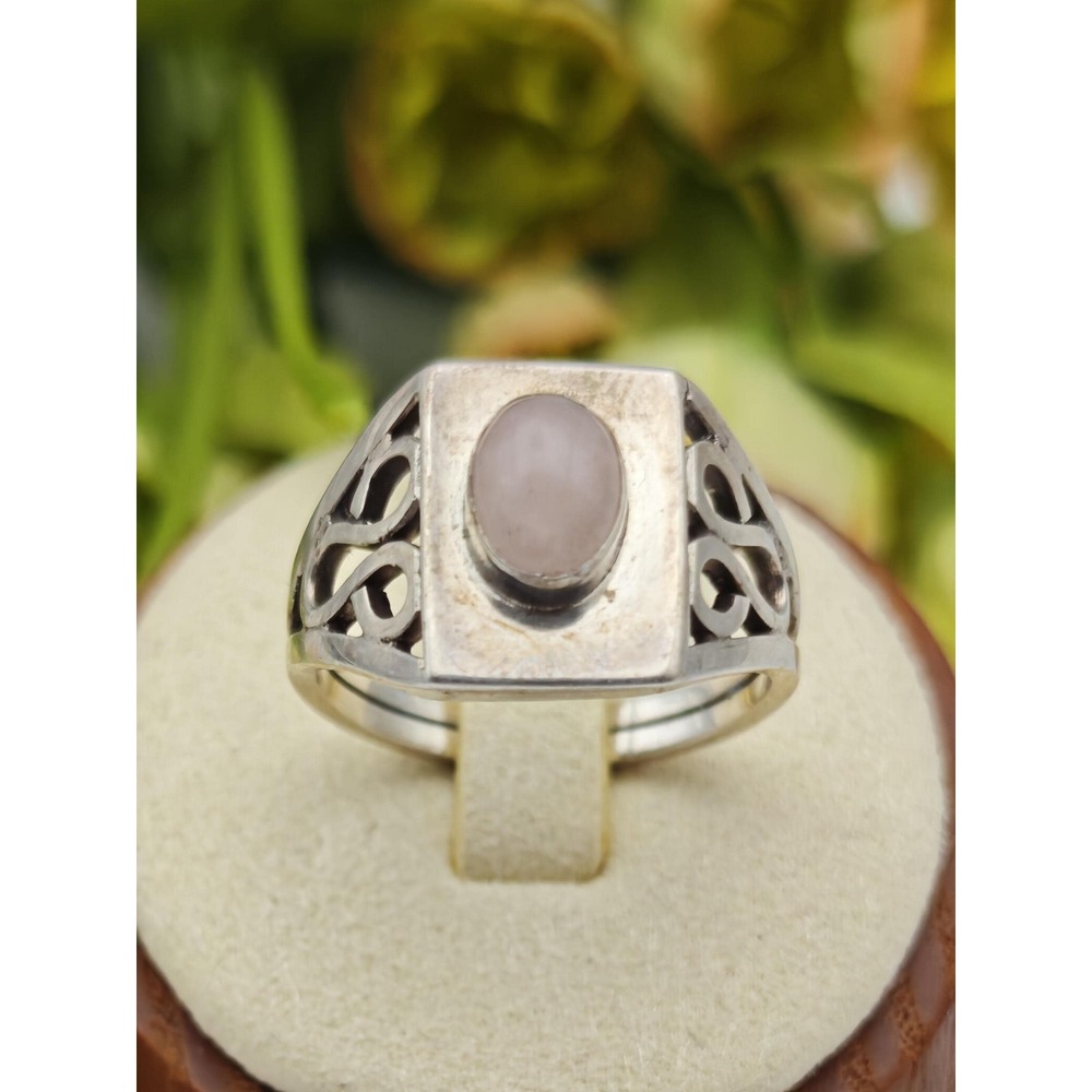Handmade Artisan Signet Rose Quartz Ring Womens 9.5 Silver Boho Filigree 925
